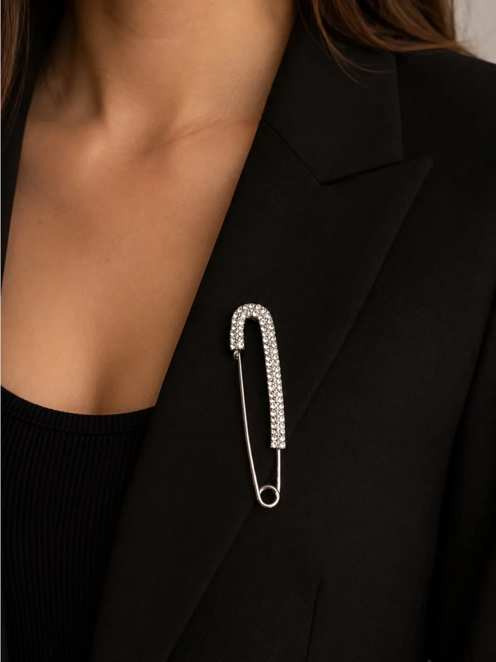Silver Crystal Safety Pin Brooch